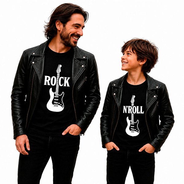 Kit Camisetas Premium Tal Pai tal filho Rock and Roll Guitarras Masculina e Infantil unissex pretas com mangas curtas