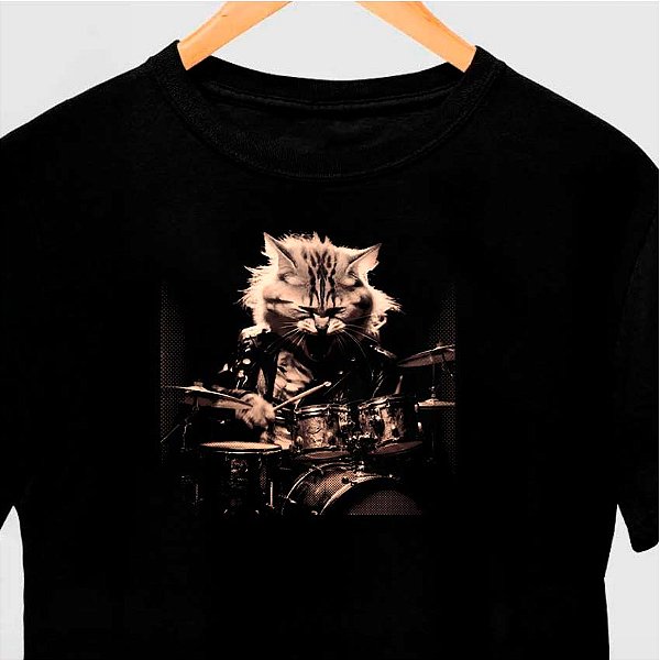 Camiseta Gato Batera tamanho adulto com mangas curtas na cor Preta Premium