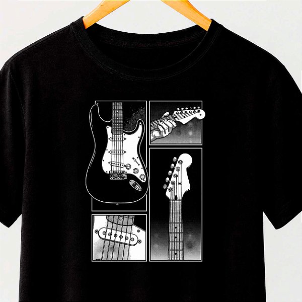 Camiseta Mosaico Guitarra Strato tamanho adulto com mangas curtas na cor Preta Premium