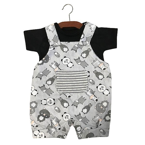 Macacão Jardineira Bebê Amiguinhos Animais Preto com Cinza