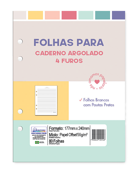 Refil Caderno Colegial Argolado - Folhas Brancas com Pautas Pretas Refis FPBR01