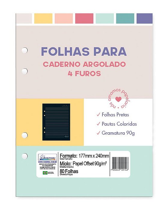 Refil Caderno Colegial Argolado – Folhas Pretas com Pautas Coloridas Refis FPCR02
