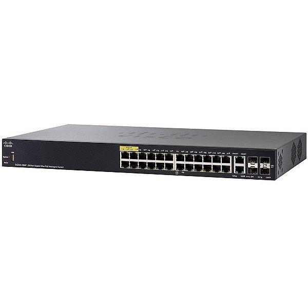 Switch Cisco com 24x PoE+ 10/100/1000Mbps RJ45 + 2x Gigabit Combo (RJ45 ou SFP 1G) 2 x slots SFP (Potencia PoE: 382W) / SG350-28MP-K9-BR