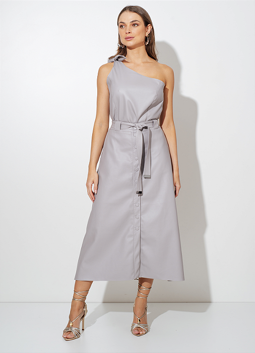 Conjunto Regata Um Ombro e Saia Midi Fabiana em Couro Sintético Premium