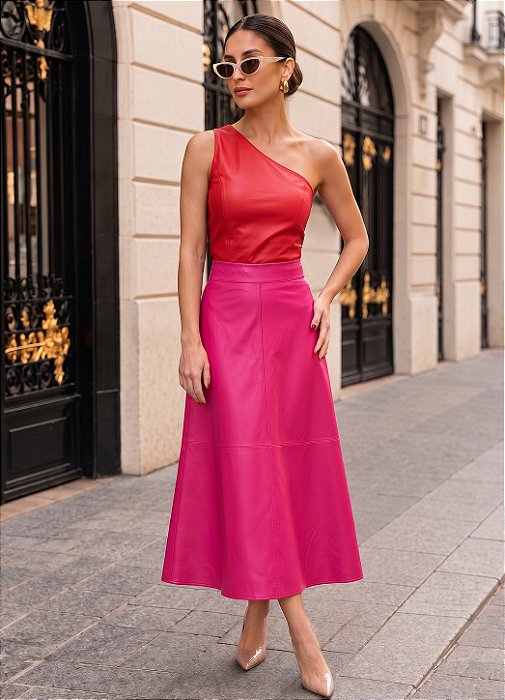 Conjunto Regata Um Ombro e Saia Godê Gabi Duo Colour em Couro Sintético Premium