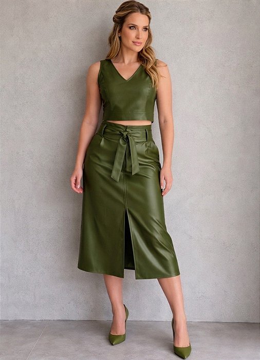 Conjunto Couro Sintético Verde Militar