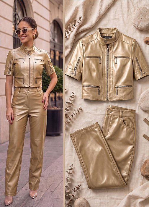 Conjunto Casaqueto Naomi e Calça Maria em Couro Sintético Premium