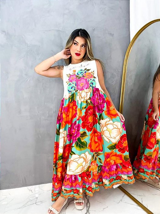 Vestido Regata Marias Florescer Fundo Turquesa