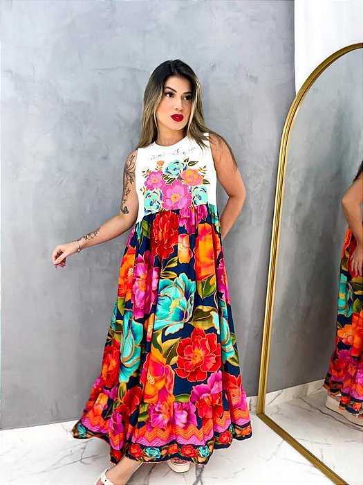 Vestido Regata Marias Florescer Fundo Escuro