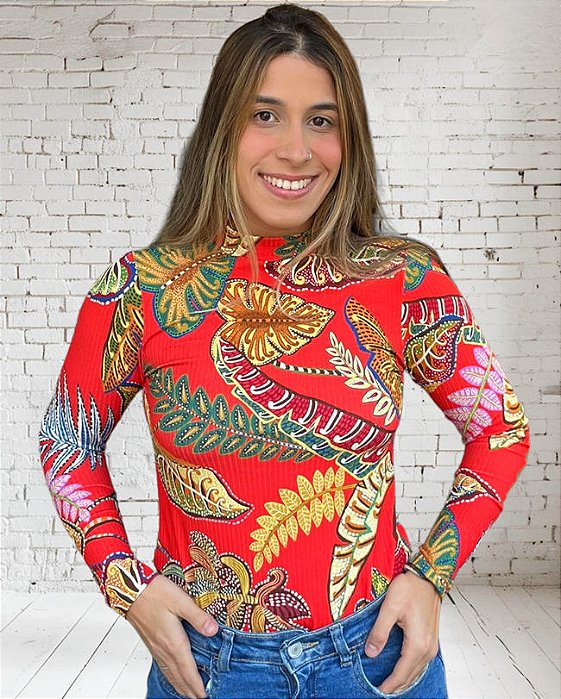 Blusa Rib ML Folhagem Cool