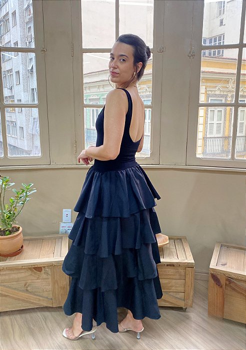 Vestido Cropped Babados Preto