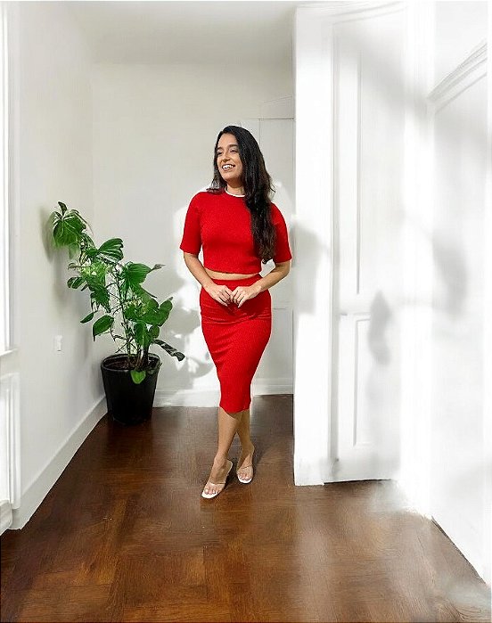 Saia Reta Rib Lisa 204 Vermelha