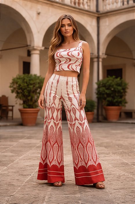 Calça Pantalona Estampada Peixe Correnteza