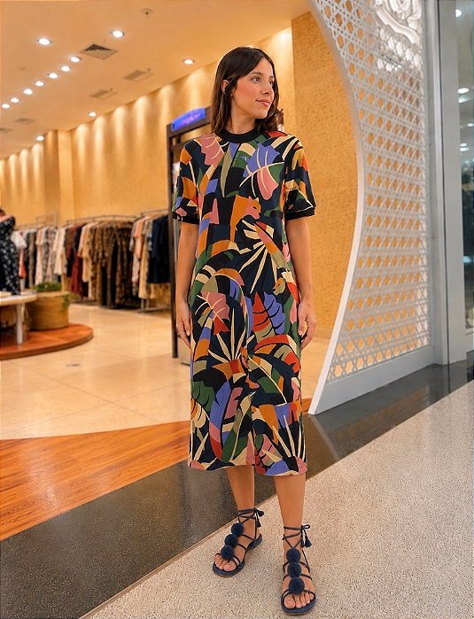 Vestido Retilínea Midi Floresta de Leopardo (sem troca)