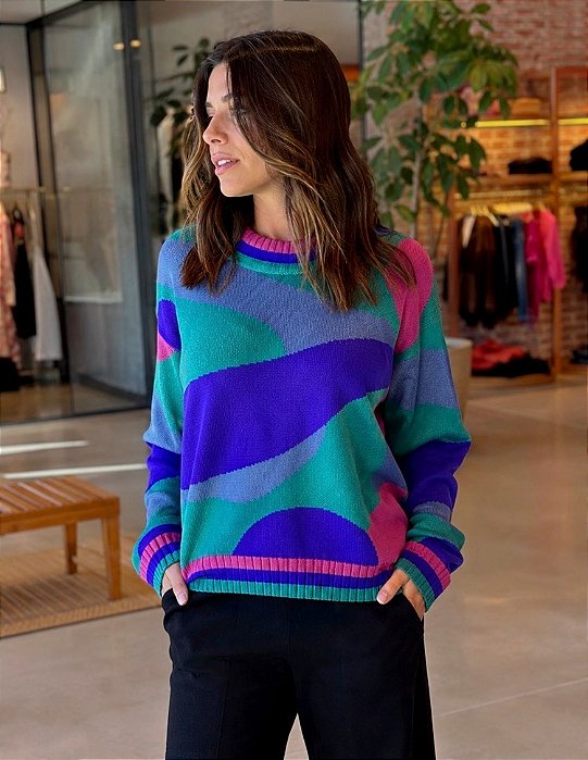 Casaco Jacquard Tricot Abstrato Azul