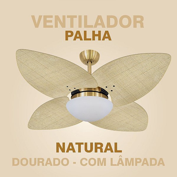 VENTILADOR PALHA NATURAL COM DOURADO