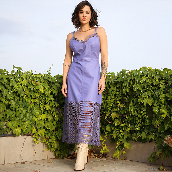 Vestido Couro Pelica Detalhes Recortes a laser Lilas - Karine Daher