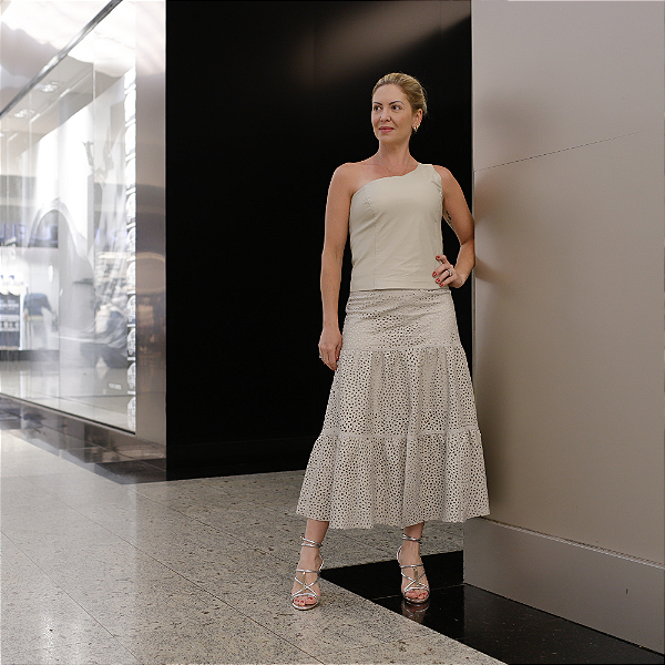 Maxi Saia Couro Pelica Detalhe a Laser Off White - Karine Daher