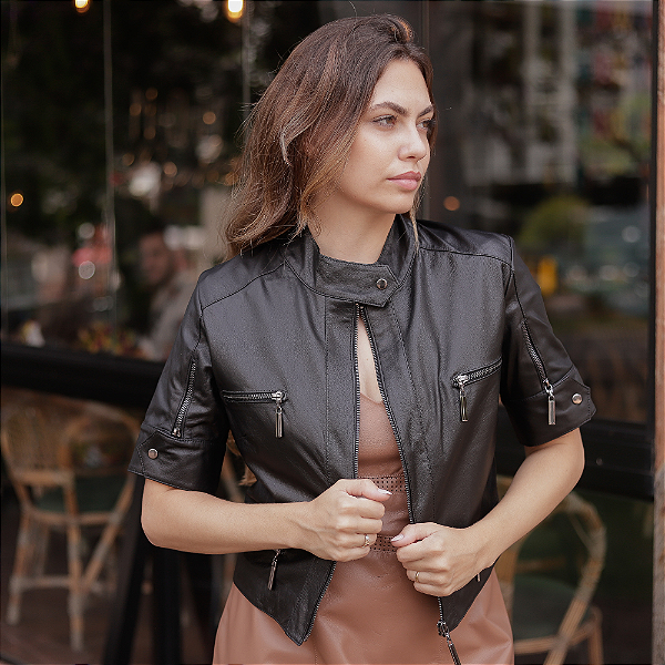Casaqueto Couro Pelica Zipper Preto - Karine Daher