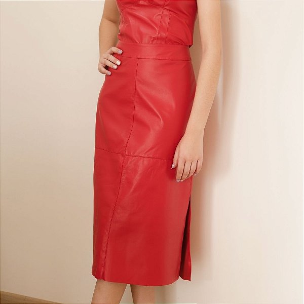 Saia Couro Pelica Midi Fenda Vermelha - Karine Daher