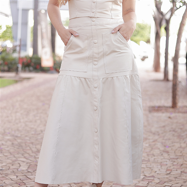 Maxi Saia Couro Pelica Detalhe Botões Off White - Karine Daher