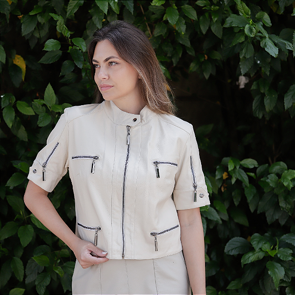 Casaqueto Couro Pelica Zipper Off White - Karine Daher