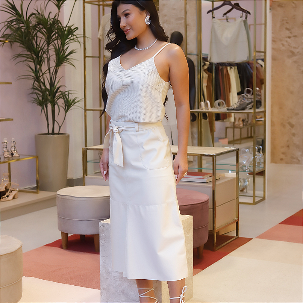Saia Couro Pelica Midi Cinto Off White - Karine Daher