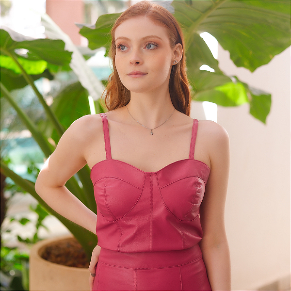 Blusa Couro Pelica Alça Regulagem Coral - Karine Daher