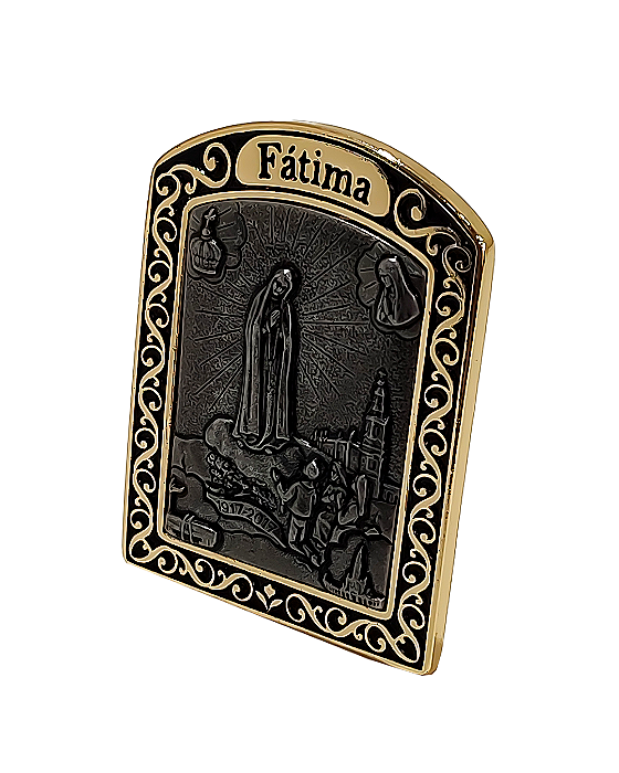 Adorno Nossa Senhora de Fatima dourado com prata