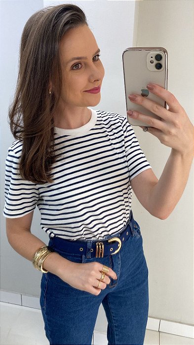 Camiseta de cotton listrada marinho e branco