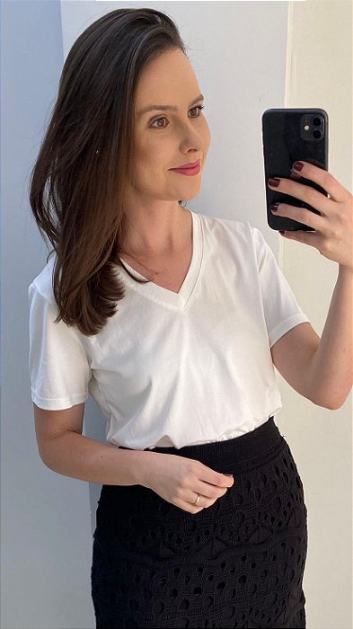 Camiseta de cotton branca manga curta e decote V