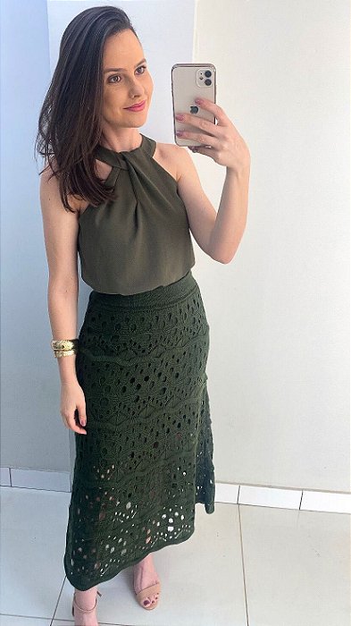 Saia midi de tricot verde militar
