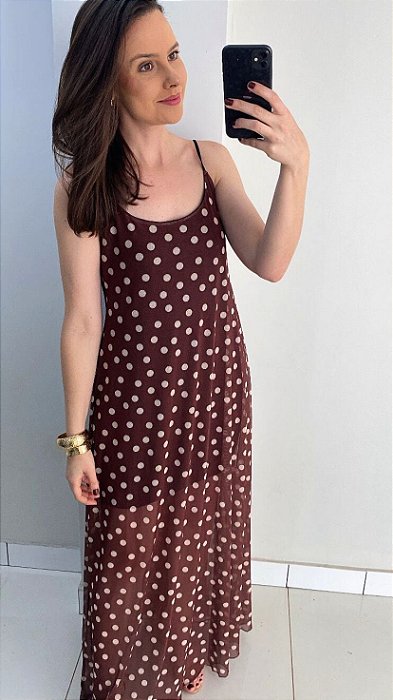 Vestido longo tule marrom poá branco