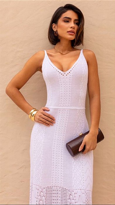 Vestido de tricot longo de alcinha branco