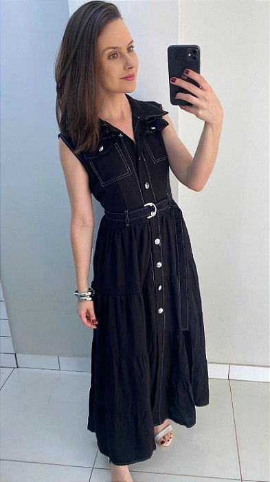 Vestido preto pesponto tipo chemise