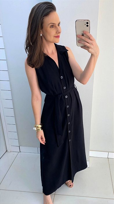Vestido chemise regata preto com faixa