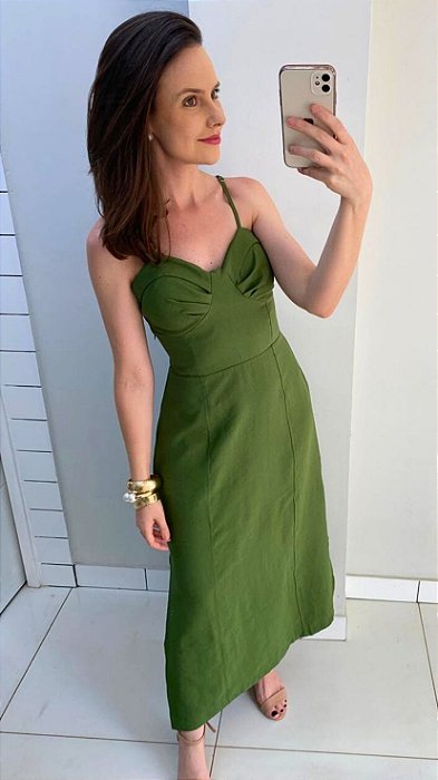 Vestido midi com bojo amarração atrás verde militar
