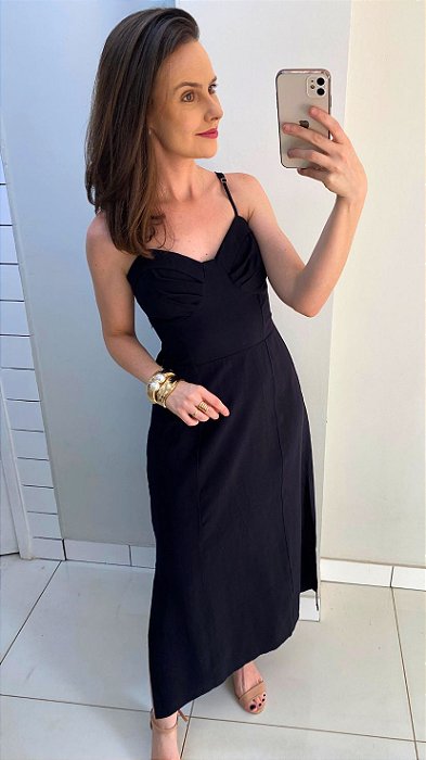 Vestido midi com bojo amarração atrás preto
