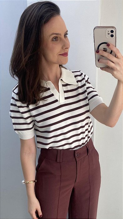 Blusa polo modal listrada branco e marrom