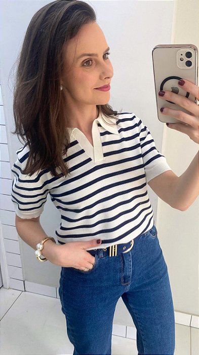 Blusa polo modal listrada branco e marinho