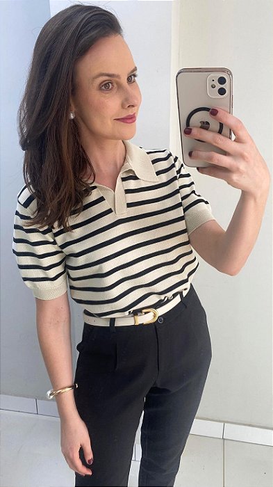 Blusa polo modal listrada creme e preto