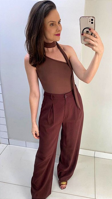 Body poliamida de um ombro só marrom