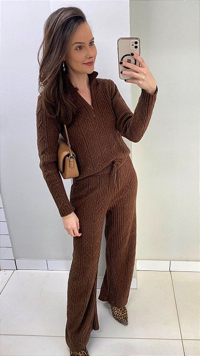 Conjunto no fio mousse marrom