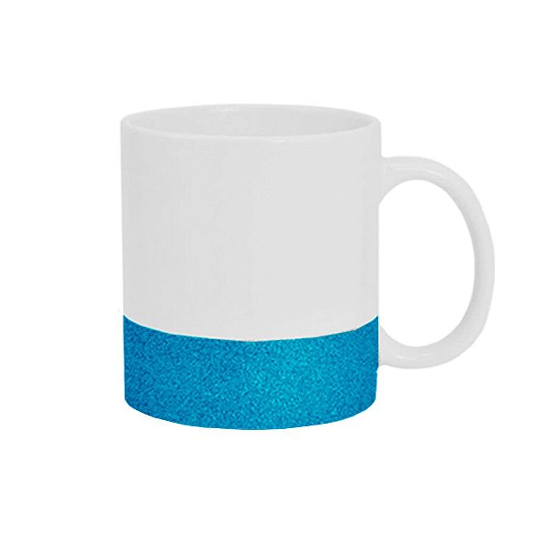 Caneca de Cerâmica Branca com Base Glitter Azul – 325ml | Ideal para Sublimação