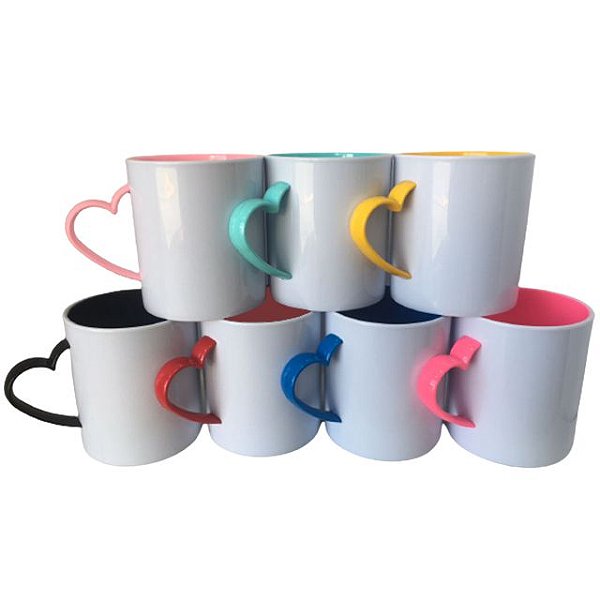 Caneca Polímero Alça de Coração Colorida | Ideal para Sublimação