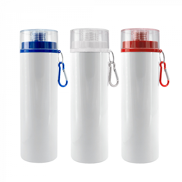 Garrafa de Alumínio Branco 600ml com Tampa e Mosquetão Colorido
