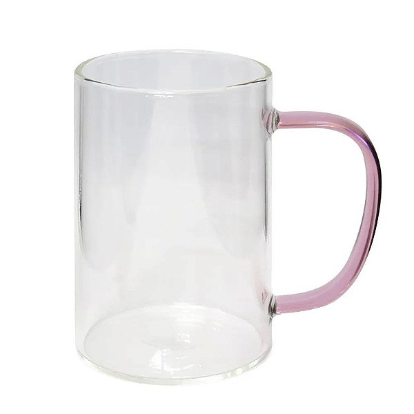 Caneca de Vidro Borossilicato Cristal com Alça Rosa - 300ml para Sublimação
