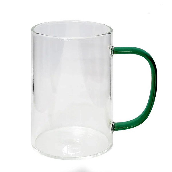 Caneca de Vidro Borossilicato Cristal com Alça Verde- 300ml para Sublimação