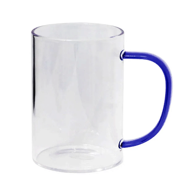 Caneca de Vidro Borossilicato Cristal com Alça Azul- 300ml para Sublimação