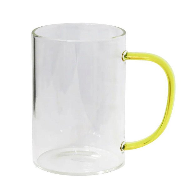 Caneca de Vidro Borossilicato Cristal com Alça Amarela- 300ml para Sublimação